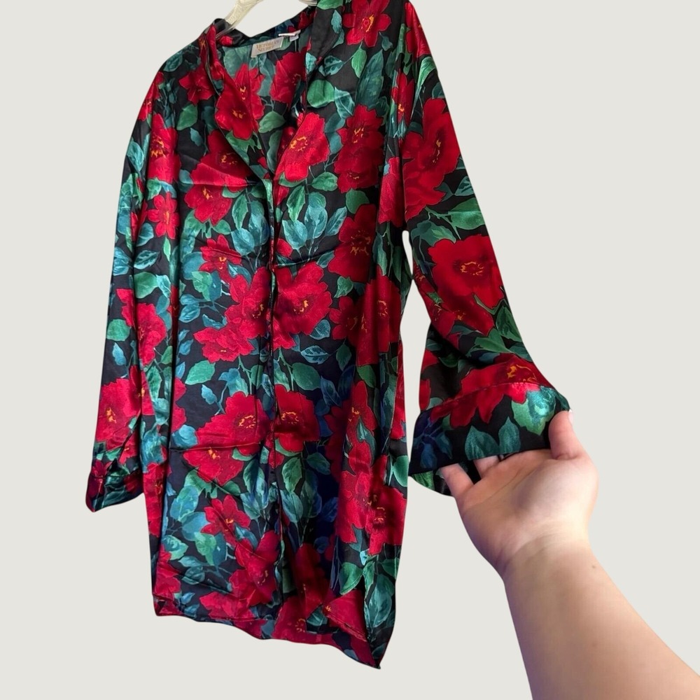 Victoria's Secret Sleep Shirt Large Floral Satin Button Up Red Vintage 90s